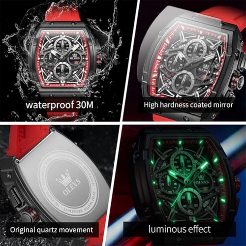 OLEVS Big Face Watch for Men Water Resistant Rubber Mens Casual Watches Vintage Rectangle Tonneau Mens Cuff Watch Luxury Chronograph Sun-Moon Phase Calendar Business Men's Watches Reloj Hombre — view 6