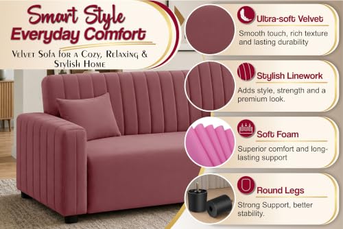 Image of Modern 3 Seater Sofa | Vertical Channel Tufted Backrest & Armrests | Plush Cushioned Seating | Contemporary Upholstered Couch for Living Room, Bedroom & Office - Rose Pink Color