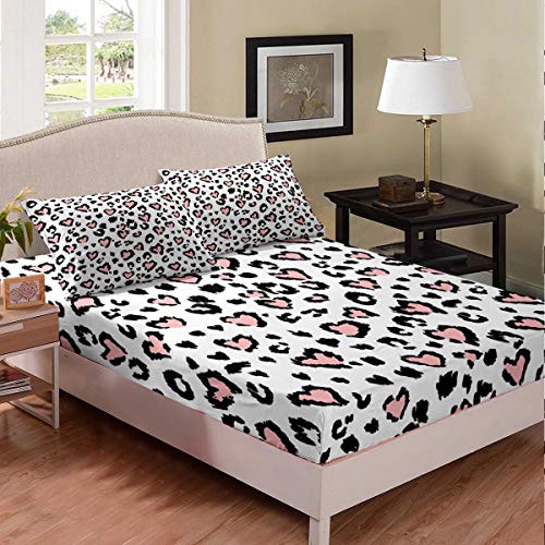 cheetah bedding full size - Erosebridal Leopard Pattern Bedding Set Pink Love Fitted Sheet Girlish Style Bottom Sheet Cheetah Wildlife Animal Print Sheet Set Washable Room Decoration 3 Pcs Full Size