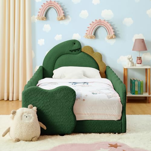 DEINPPA Twin Size Kids Floor Bed Frame with Dinosaur-Shaped Headboard Boucle Upholstered Bed Frame with High Guardrail for Children Boys Girls-Green