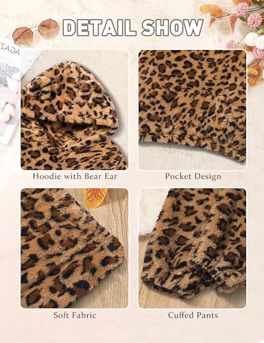Image of Shallmu Girls Fuzzy Bear Ear Plaid Hoodie Pullover Sweatshirt with Pocket Sweatpants Fall Winter 2 Piece Outfits
