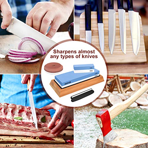 Knife Sharpening Stone Set, Puck - Axe Sharpener Tool, AHNR Multi-Purpose Knife Sharpener Kit Dual Side Grit 1000/6000, Whetstone Blade & Tool Sharpener with NonSlip Bamboo Base & Angle Guide - Thumbnail 7