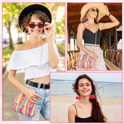 Image of Dansydaisy 5 Pack Striped Straw Clutch Purse Crossbody Vacation Handbag Woven Rattan Dangle Earrings for Women(Colorful,Cat Ear Buckle)