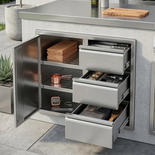 Outdoor Kitchen Cabinet 28"x22"x19.7", 304 Stainless Steel Triple Drawers & Access Door Combo, Weatherproof Outdoor Cabinet for BBQ Island Patio