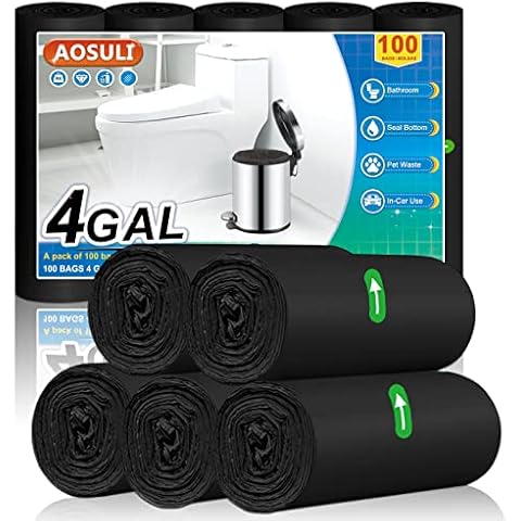 AOSULI 15Liter Bin Bags 100 Counts Trash/Garbage Bags Black Small Pedal Bin Liners for Home Office, Lawn,Bathroom,Toilet Wastebasket (Fits 0.8,1.5,1.2 3 4Gal Gallon Bins) Cover