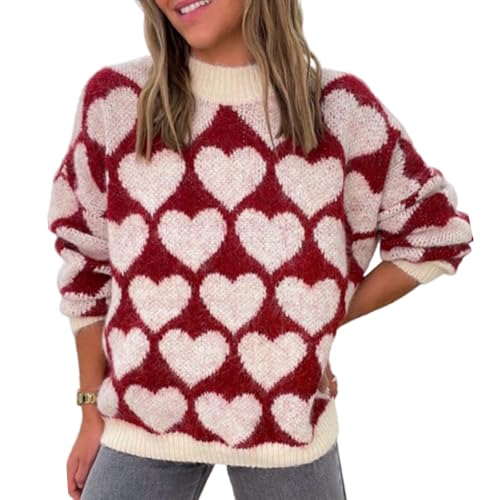 Image of Women's Valentine Love Print Heart Fun Sweater Casual Crewneck Long Sleeve Knit Sweatshirts Pullover Tops