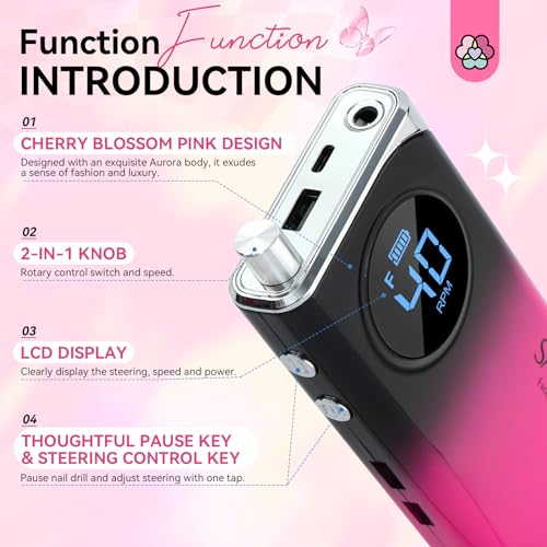 Image of SAVILAND Professional Electric Nail Drill Machine: 40000RPM Rechargeable Nail Drill File with 4000mAh Battery, Ceramic Bit and Sanding Bands for Manicure, Pedicure, Shaping & Acrylic Removal Salon Use