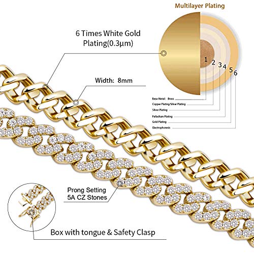 Jinao 6 Times 14K Gold Plated 8Mm Men Women Fully Iced Out Cubic Zirconia Dupre Cuban Link Chain Bracelet Hip Hop (Gold, 8) #TOP1