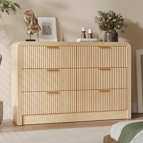 Decofy 47" W Fluted 6-Drawer Dresser for Bedroom, Natural Oak