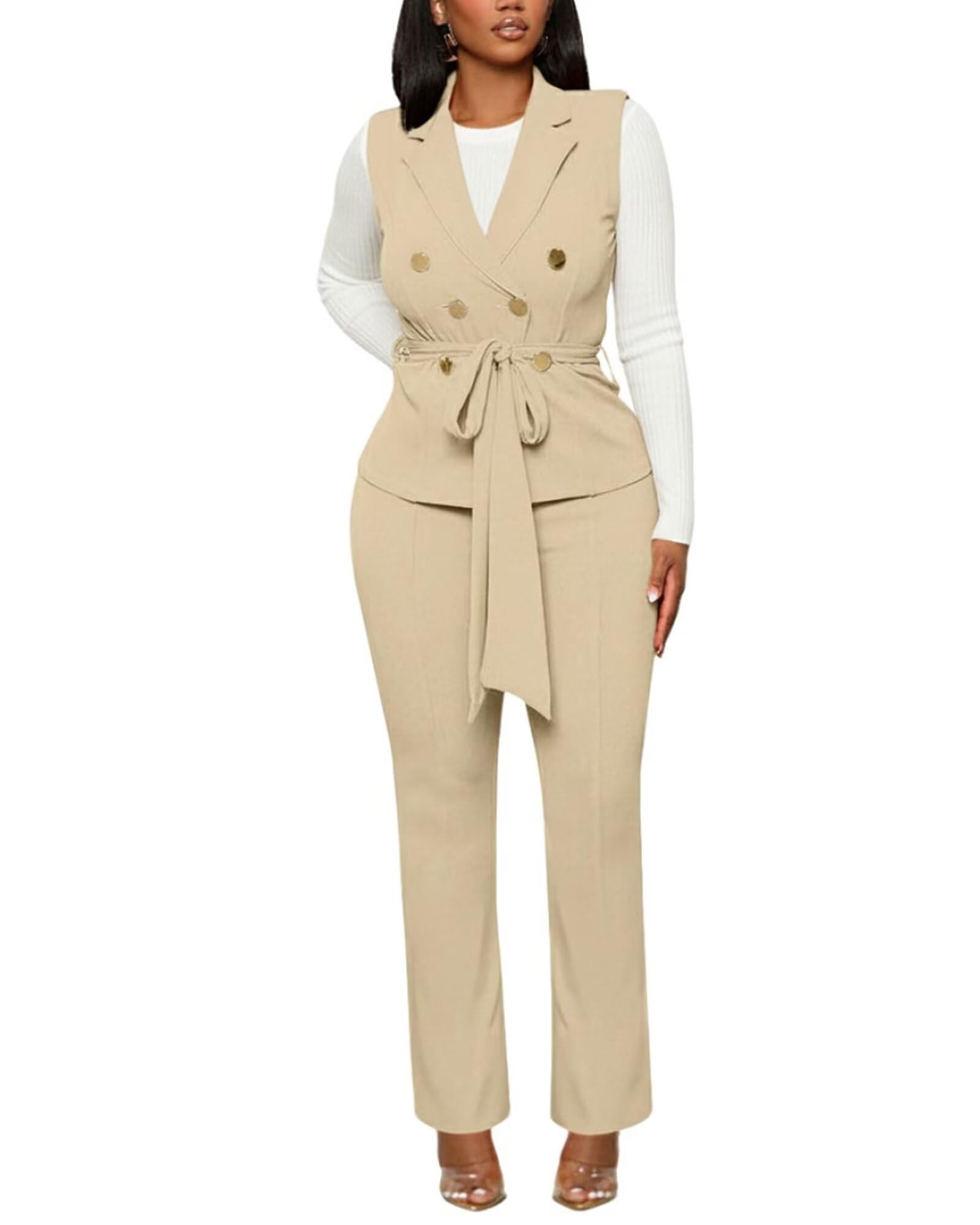 Womens 2 Piece Blazer Pants Set 2025 Trendy V Neck Sleeveless Belted Vest Straight Long Pants Business Suit