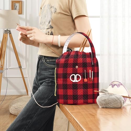 Image of ElliTarr Crochet Bag Yarn Bag with Handle Portable Knitting Project Bag Travel Yarn Storage Organizer Holder Case Buffalo Plaid Red and Black