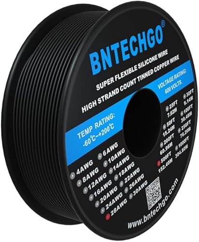 Vista 65 de BNTECHGO Carrete de alambre de silicona calibre 28 de 250 pies, negro, flexible, 28 AWG, alambre de cobre estañado trenzado