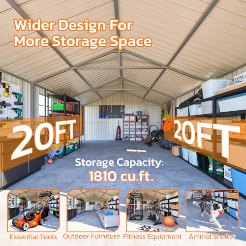 12x20 FT Heavy Duty Metal Garage Shed, Extra Large Outdoor Storage Building with Double Doors, Side Door & Window, Waterproof All-Weather Steel Carport for Vehicle & Equipment Storage