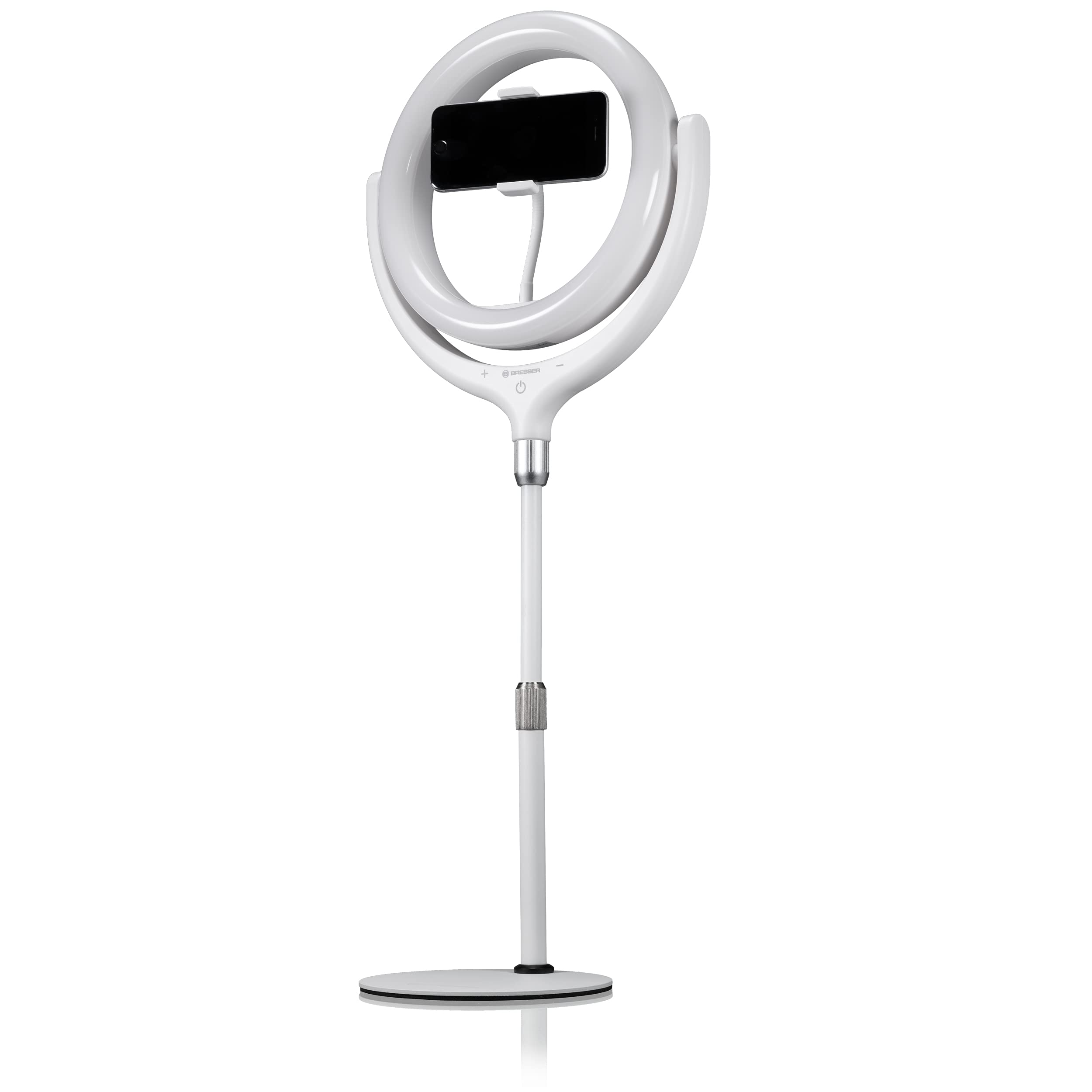 Bresser Ring Light with Tripod, Mobile Phone Holder and Dimmer for Illuminating Videos Portraits and Product Photos, White