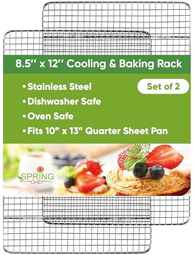 Image of Spring Chef 8.5 inch x 12 inch Stainless Steel Cooling Racks, Wire Rack for Baking Sheet - Fits Small Quarter Sheet Pan - Perfect for Cooking, Baking, Grilling, Smoking - Dishwasher Safe - Set of 2