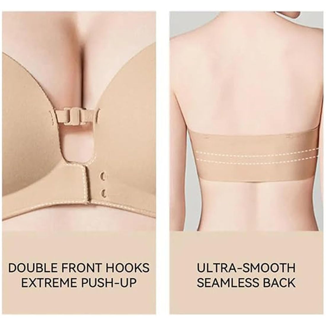 Reggiseno con Chiusura Frontale, Reggiseno Senza Spalline in Gel | Reggiseno push-up senza ferretto in gel, imbottito, fascia con doppia chiusura frontale antiscivolo, supporto quotidiano
