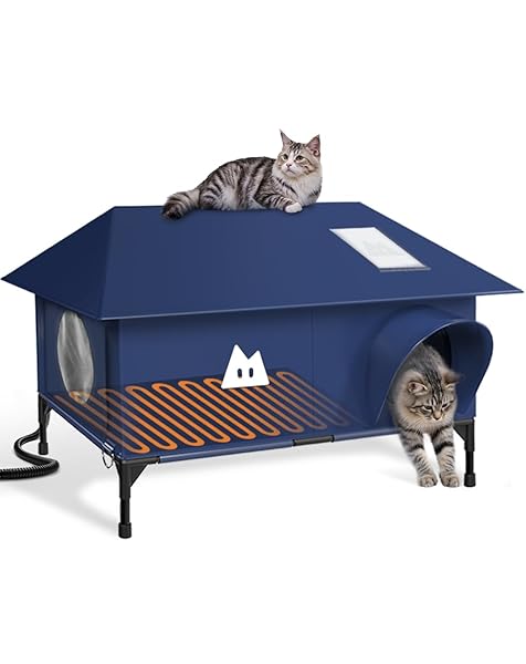 Heated Outdoor Cat House for Outside Cat in Winter,Upgraded 100% Weatherproof,Spacious Interior,2 Doors,Name Pocket,Heavy-Duty Insulated Feral Cat Shelter for Stray Barn Kitten(Blue,28"x16"x14.5")