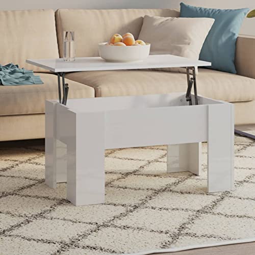 Tidyard Mesa de Centro Elevable Mesa Auxiliar Mesa de Café Versátil con Almacenaje Madera Contrachapada Blanco Brillante 79x49x41 cm