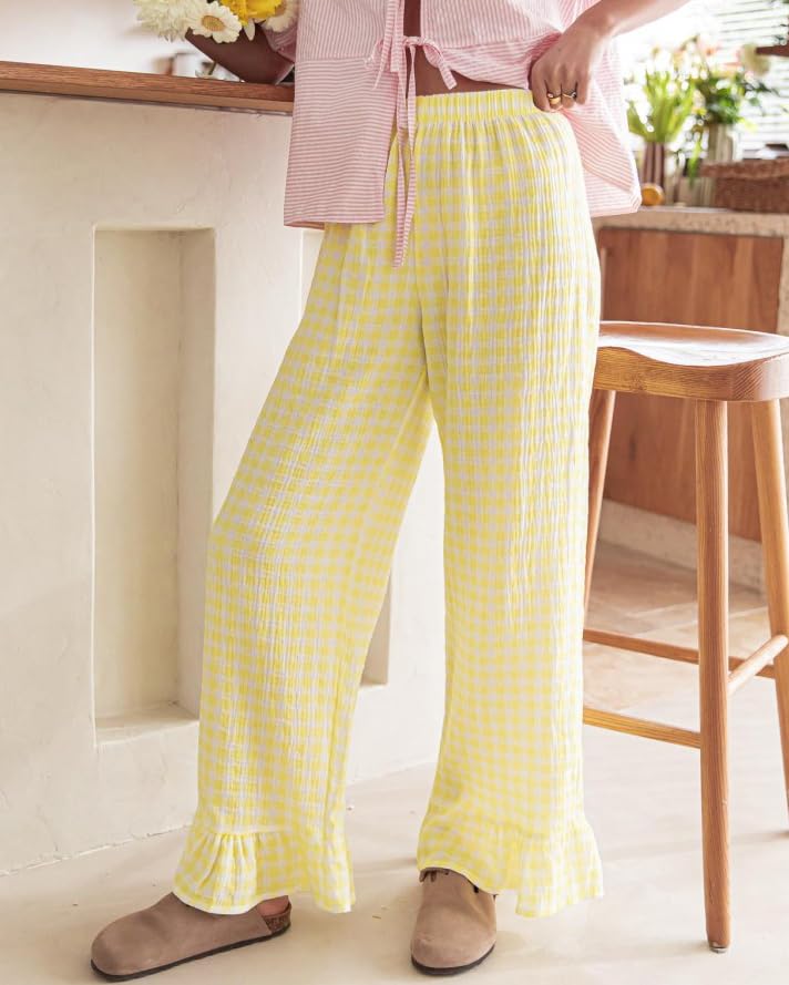 Image of codcm Womens Gingham Pants Wide Leg Lounge Pants Y2k Plaid Print Ruffle Hem Loose Trouser
