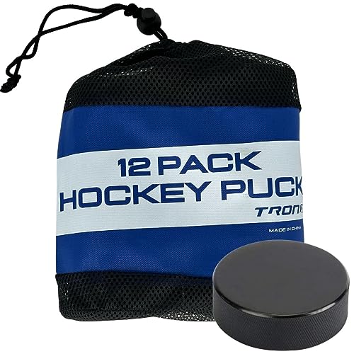 TronX Official Ice Hockey Pucks - 6oz Black Puck - Regulation Size & Weight with Mesh Carrying Bag, Great for Stick Handling & Training Drills (Black 12-Pack)