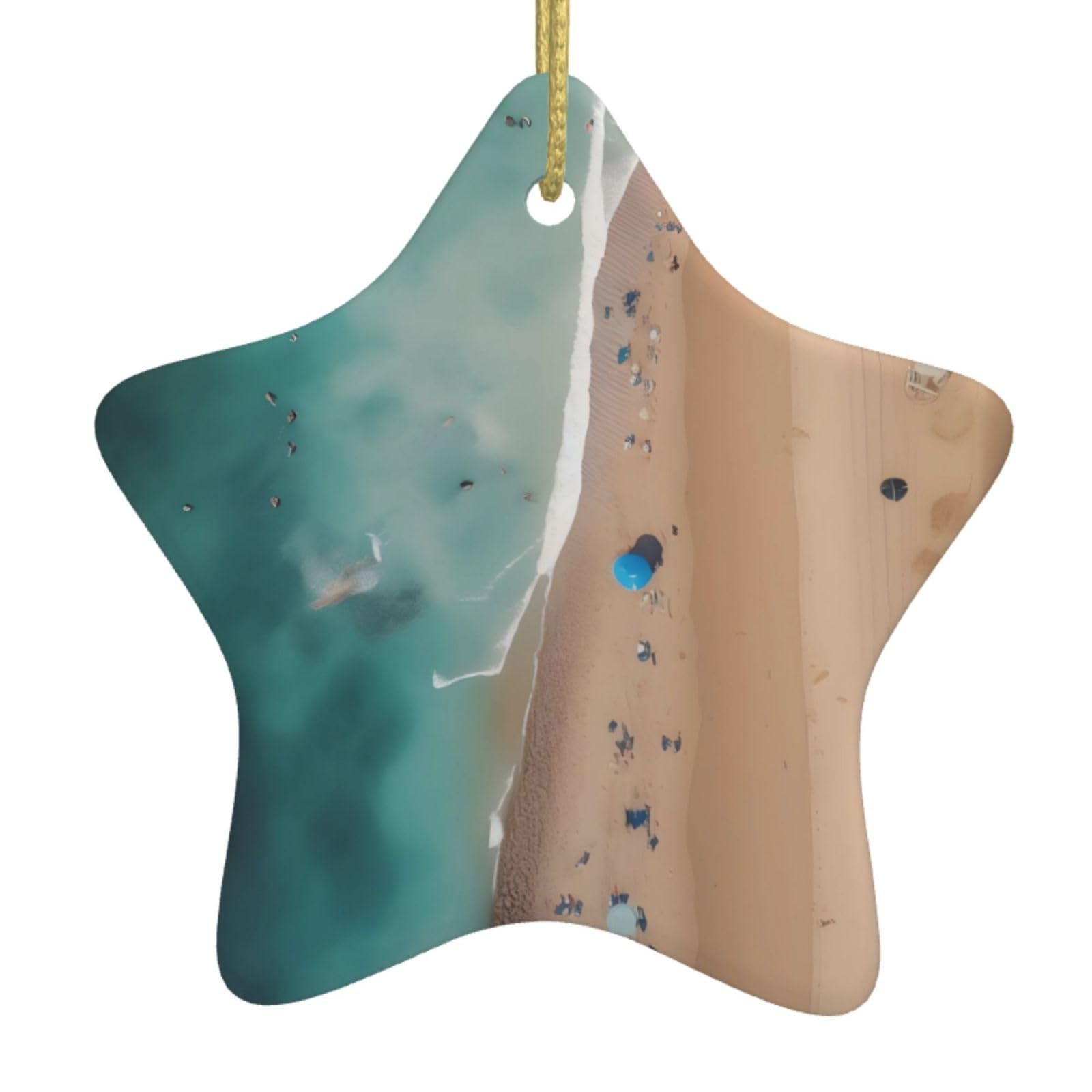 Aerial View of The Beach Christmas Ceramic Star Pendant with Punched Holes and Gold Wire Rope, Christmas Tree Home Decoration