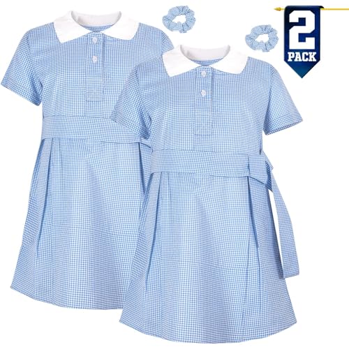 Girls Pack of 2 Uniform School Comfortable Gingham Check Belted Summer Dresses Matching Scrunchies Age 3-14 Years2