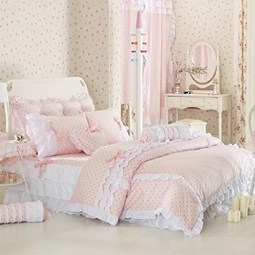 YOYOMALL Princess Pink Polka Dot Bedding Sets for Teen Girls Ruffle Duvet Cover Set 100% Worsted Twill Cotton Twin Queen King,4Pcs (4ft)