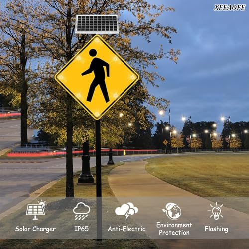 Solarny migający znak drogowy z migającą diodą LED i folią odblaskową, 76 cm znak bezpieczeństwa dla pieszych