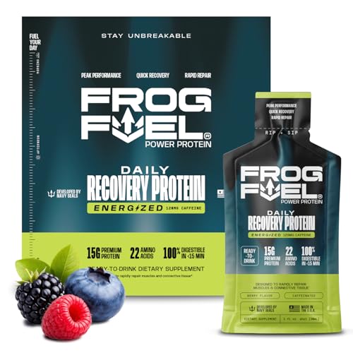 Frog Fuel Power Energized Complete Protein Shot 15g Nano Hydrolyzed & Grass Fed 80mg Caffeine Gluten Free Fat & Sugar Free 22 Amino Acids 0 Carbs Berry 1 oz Packets 24 Pack