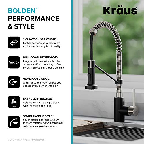 Kraus KPF-1610SSMB Bolden 18-Inch Commercial Kitchen Faucet with Dual Function Pull-Down Sprayhead in All-Brite Finish, Stainless Steel/Matte Black