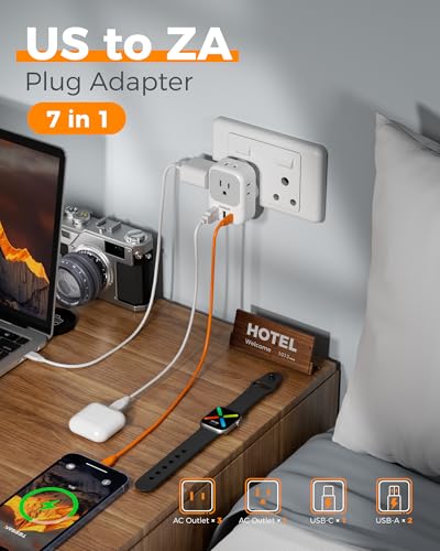 Image of TESSAN South Africa Type M Power Adapter | 4 American Outlets, 3 USB Charger (1 USB C Port), For US to Bhutan Botswana Namibia Nepal