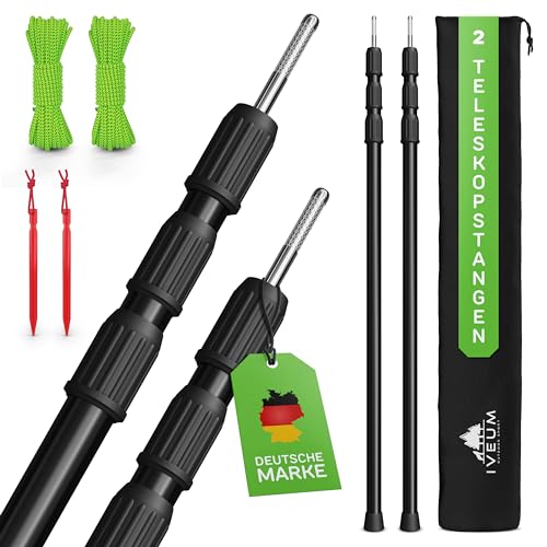 IVEUM [4er Set Stangen SCHWARZ ] Robuste Sonnensegel Stangen – Zeltstangen inkl. Heringe, Schnüre und Tasche – Sonnensegel Teleskopstangen – Tarpstangen für Tarp…