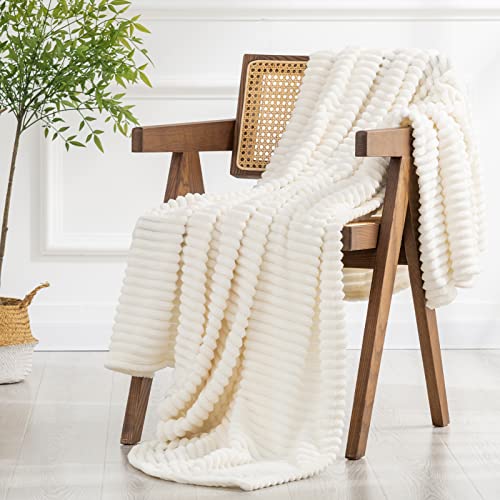 Recyco Fleece Throw Blanket For Couch, Super Soft Cozy Fuzzy Decorative Blankets And Throws With Striped Pattern For Sofa, Lightweight Ribbed Plush Cream White Throw Blanket For Bed 50"X60" #TOP4