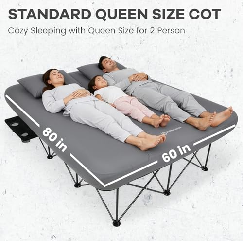 Image of FUNDANGO Queen Camping Cot with Electric Pump, Inflatable Air Mattress Bed with Removable & Washable Cover, Folding Frame, Cup Holders, Carry Bag for Adults, Tent, Guest (80 inchx60 inch)