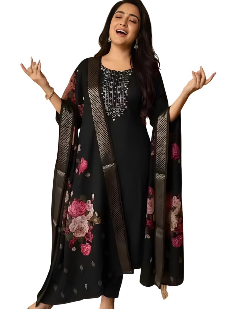 Women’s Black Magic Cotton 3-Piece Kurta Set with Chanderi Digital Print Dupatta – Ethnic Top, Bottom & Dupatta Combo for Office, Casual