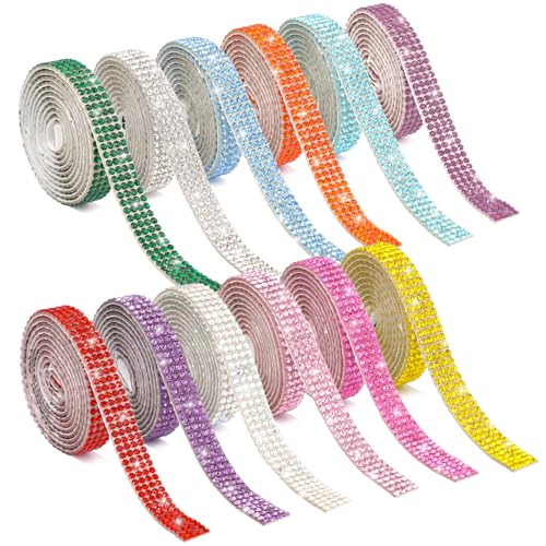 12 Rolls Self Adhesive Rhinestone Ribbon Tape,12 Colors