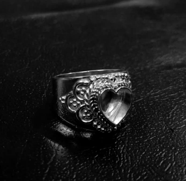 Miniatura 5 de 925 Sterling Silver Heart Shape Handcrafted Bezel Ring Blank Bezel Setting, Blank Ring Base,Ring DIY For Resin Work,Traditional Antique Ring