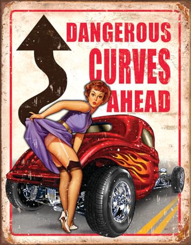 Desperate Enterprises Legends - Dangerous Curves Ahead Tin Sign - Nostalgic Vintage Metal Wall Decor - Made in USA