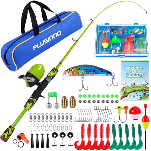 PLUSINNO Kids Fishing Pole with Spincast Reel Telescopic Fishing Rod Combo Full Kits for Boys, Girls, and Adults (Green, 120cm 47.24In)
