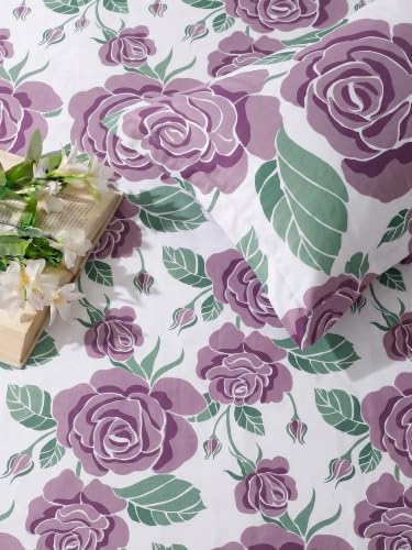Image of Mafatlal 144 TC Cotton Double Bed Sheet, Floral Print Pure Cotton Double bedsheet, 90x100 inches Size Bed Sheet Double Bed, Full bedsheet chadar Set|Dusty Purple