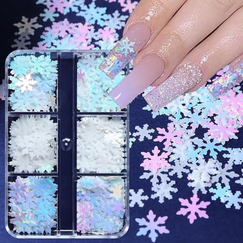 6 Girds Snowflake Nail Art Glitter Sequins, Christmas Laser White