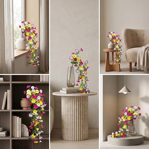 Image of Dekorly 75CM Lifelike Artificial Eucalyptus Vine with Morning Glory Flowers (Pack of 2) | Premium Hanging Floral Creeper for Balcony, Wall & Home Decor(2, Morning Glory Flower Vines)