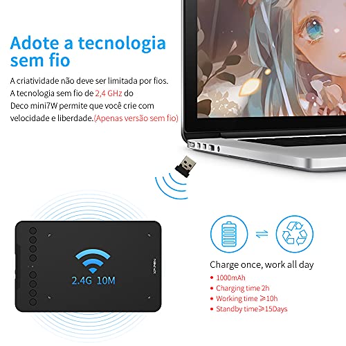 XP-PEN Deco Mini 7W Sem Fio Mesa Digitalizadora de 7x4 Polegadas com Caneta Passiva Compatível com A