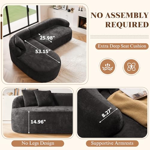 Image of 99 inch Curved Sectional Sofa with Chaise, Black, Left Chaise+Right Sofa | Modern Boneless Couch, Deep Seat, L Shaped 3-Seater Cloud Couch, No Assembly Needed, Chenille