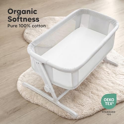 Image of 2pk Organic Bassinet Sheets, Compatible with Baby Delight (Soft White) | 100% Cotton Bassinet Sheets for Boys, Girls, 32 x 21 Rectangle Baby Bassinet Mattress Sheets, Soft Breathable Bedside Cover