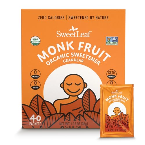 SweetLeaf Organic Monk Fruit Sweetener, Granular - Keto Friendly Natural Sugar Substitute for Coffee, Tea, and Baking, Zero Calorie, Organic Monk Fruit, Non GMO, Sugar Free - 40 Individual Packets