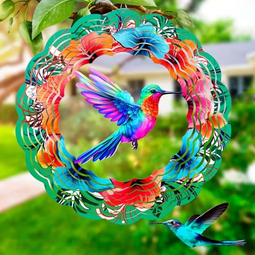 Hummingbird Wind Spinners Hanging Outdoor Decor, 12 Inch 3D Kinetic Yard Art Hummingbird Metal Sculpture Birthday Gifts for Bird Lovers, Mom, Women for Yard, Garden