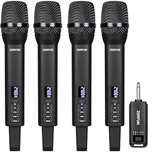 Rechargeable Wireless Microphones 4, Pro Handheld Cordless Mics System Dynamic with Echo Treble BASS VOL Control for Karaoke Singing Church Party, 1/4” Output, D240, Black