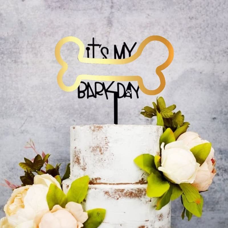 It`s my bark day Cake Topper - Black Gold Bone Cardstock Birthday Cake Smash Party Decoration Supplies for Baby, Double Sided Dog Birthday Cake Sign Topper Photo Booth Props (It's MY BARK DAY)
