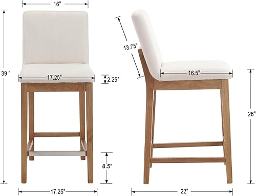 Miniatura 2 de Juego de 2 taburetes de bar tapizados de tela de lino con respaldo de 26 pulgadas, taburete rectangular de madera de mediados de siglo para comedor,